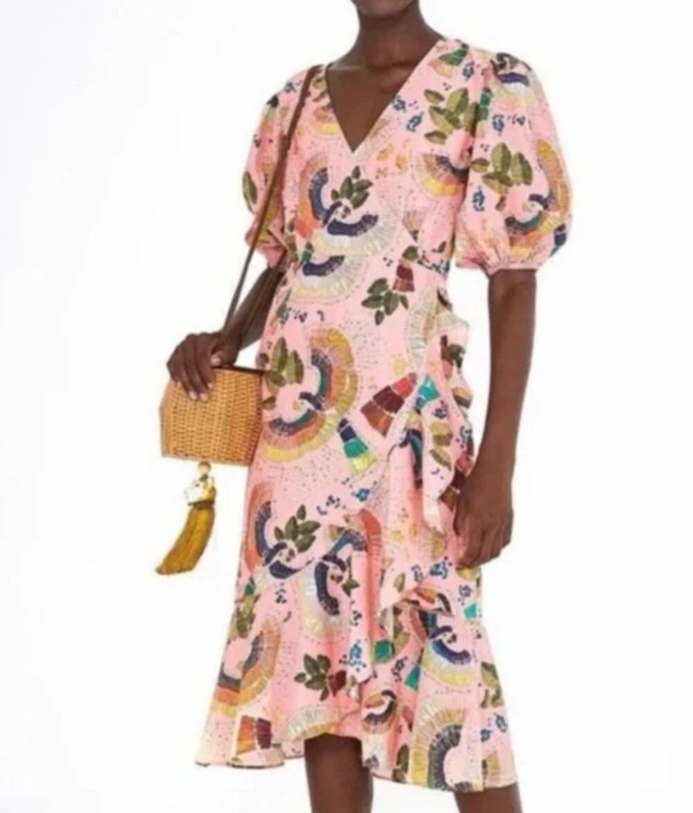 Farm Rio S Pink Floral Tropical Birds Ruffle Wrap Dress